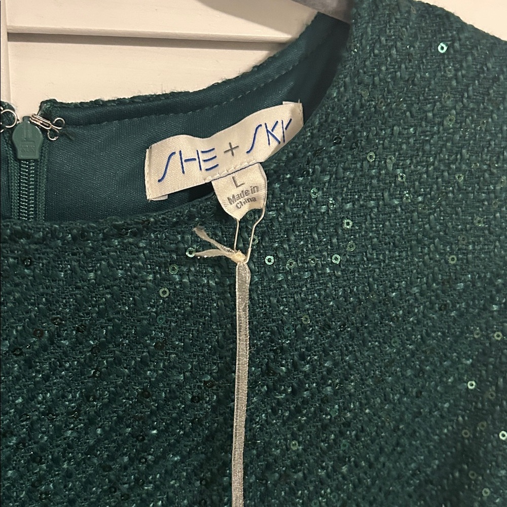 She + Sky Green Sequin Tweed Mini Dress NWT LARGE - Picture 4 of 7
